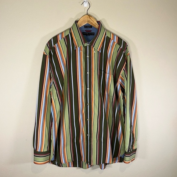 Tommy Hilfiger Men’s 2 Ply Fabric Green Multi Stripe Long Sleeve Dress Shirt XL - Picture 1 of 7
